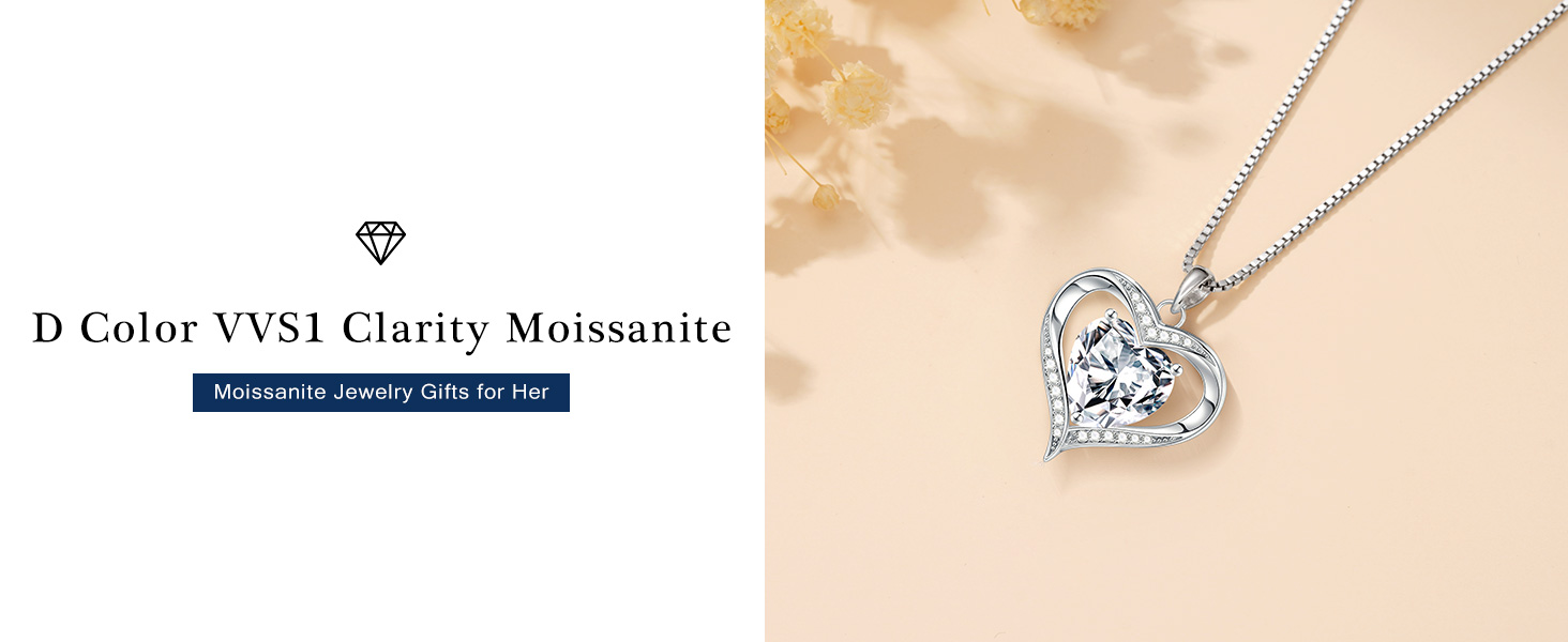 Romantic heart moissanite pendant necklace in 925 sterling silver with rhodium plating, 18-inch chain