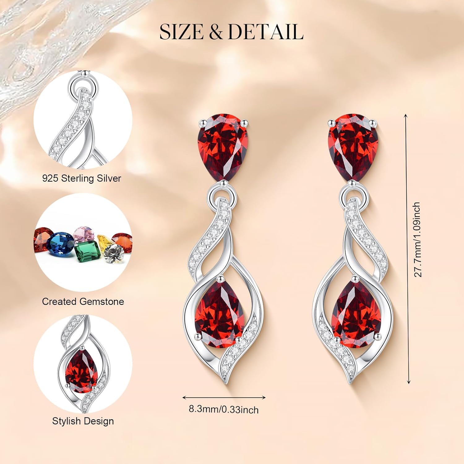 Sterling silver teardrop birthstone earrings with romantic infinity love design for women