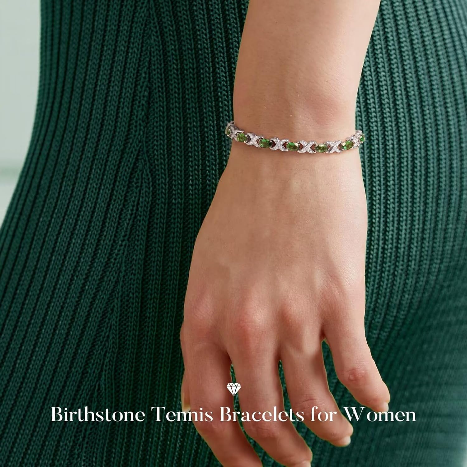 Classic oval birthstone tennis bracelet in 925 sterling silver with X O design, 7-8 inches