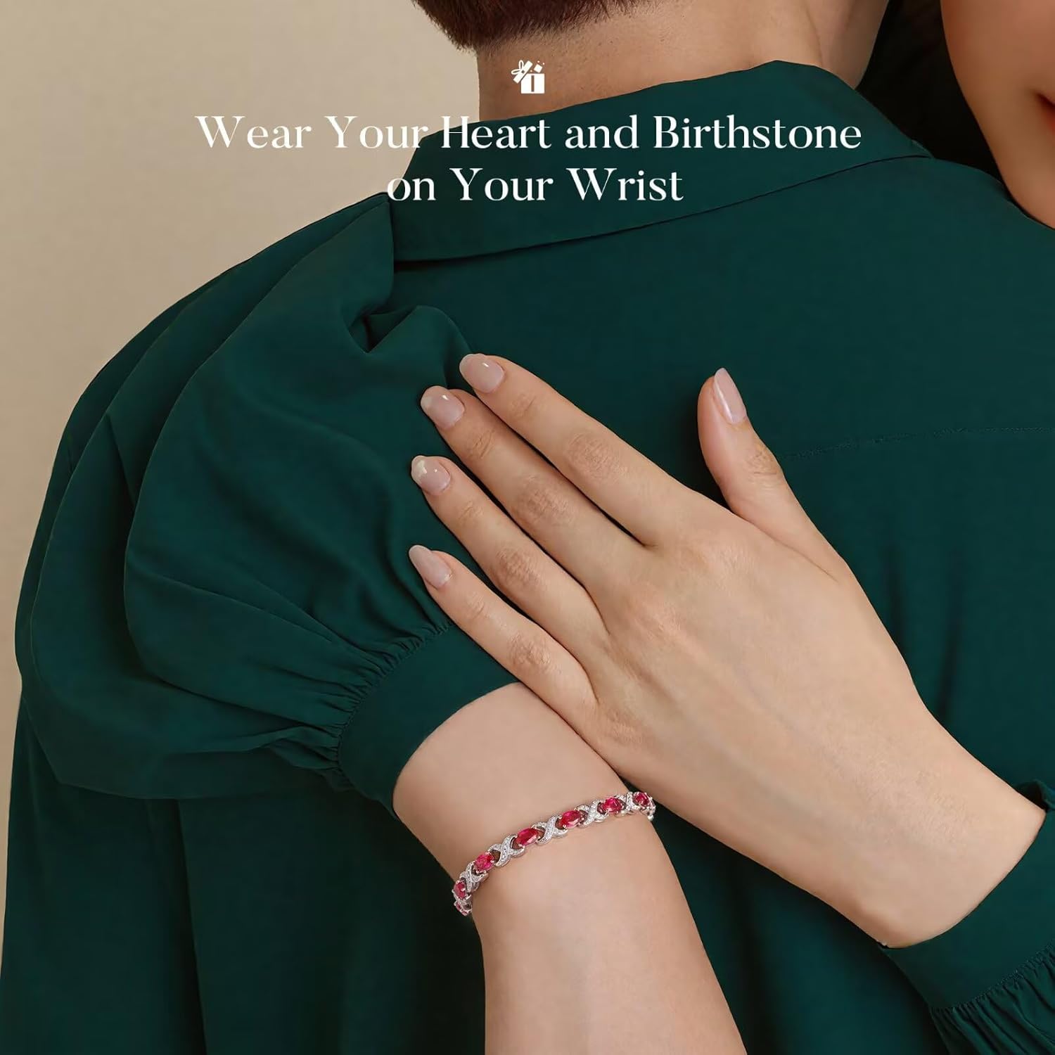 Classic oval birthstone tennis bracelet in 925 sterling silver with X O design, 7-8 inches