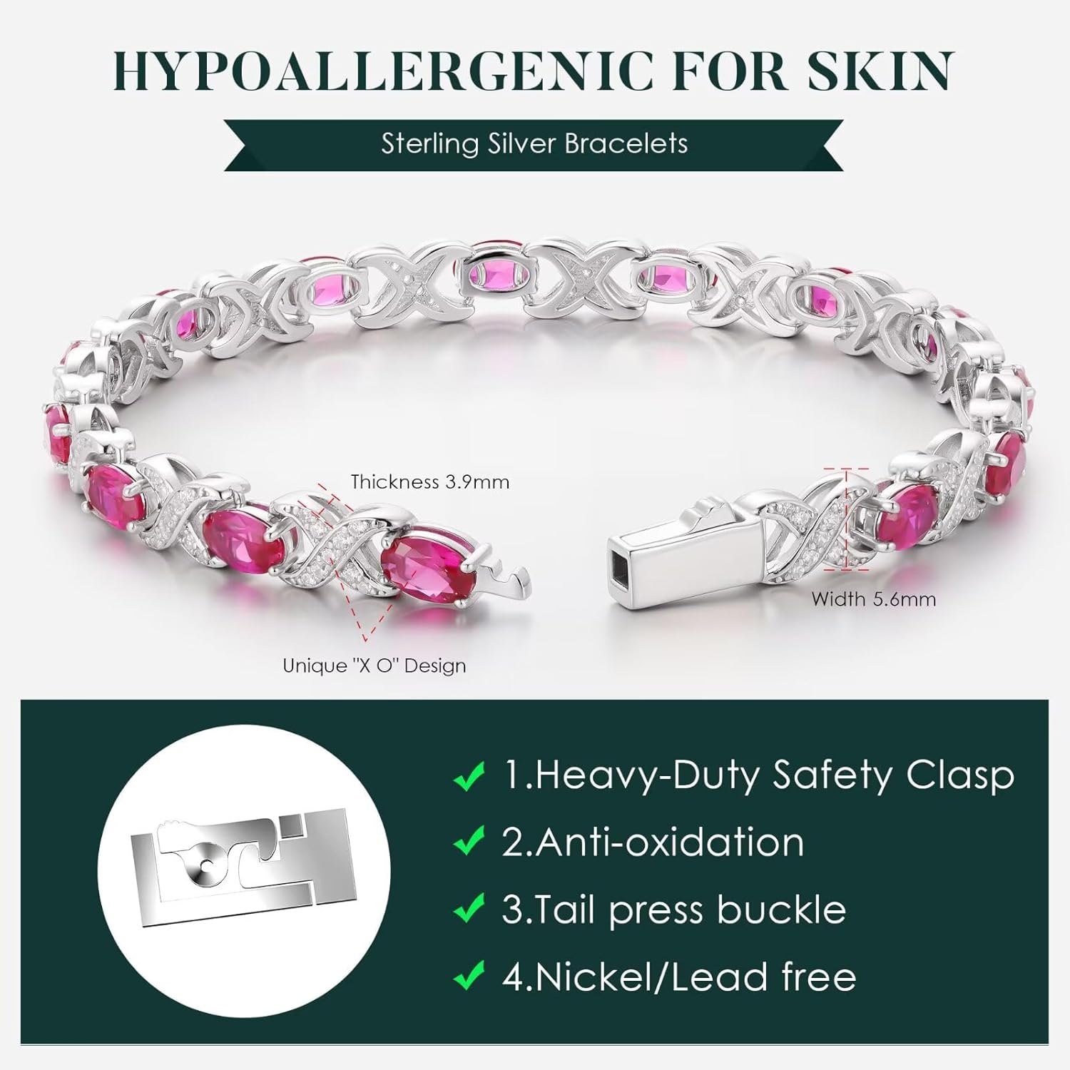 Classic oval birthstone tennis bracelet in 925 sterling silver with X O design, 7-8 inches