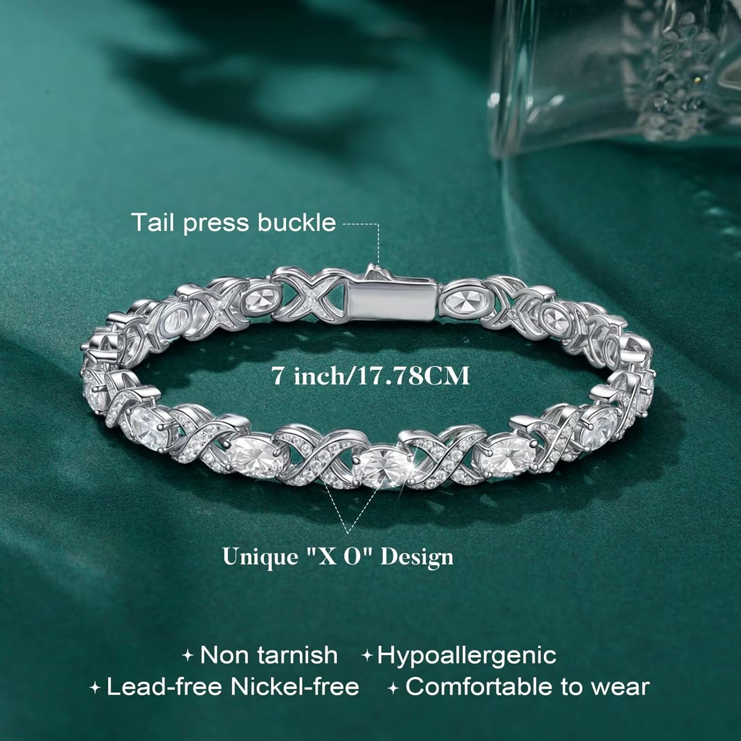 Classic oval birthstone tennis bracelet in 925 sterling silver with X O design, 7-8 inches