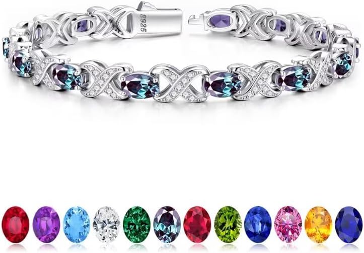 Classic oval birthstone tennis bracelet in 925 sterling silver with X O design, 7-8 inches
