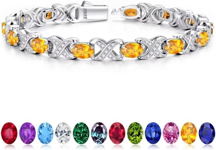 Classic oval birthstone tennis bracelet in 925 sterling silver with X O design, 7-8 inches