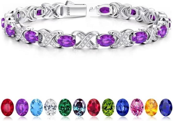 Classic oval birthstone tennis bracelet in 925 sterling silver with X O design, 7-8 inches