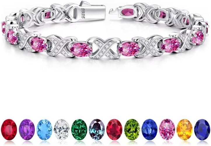 Classic oval birthstone tennis bracelet in 925 sterling silver with X O design, 7-8 inches