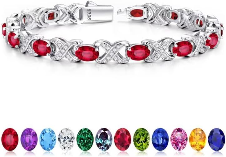 Classic oval birthstone tennis bracelet in 925 sterling silver with X O design, 7-8 inches
