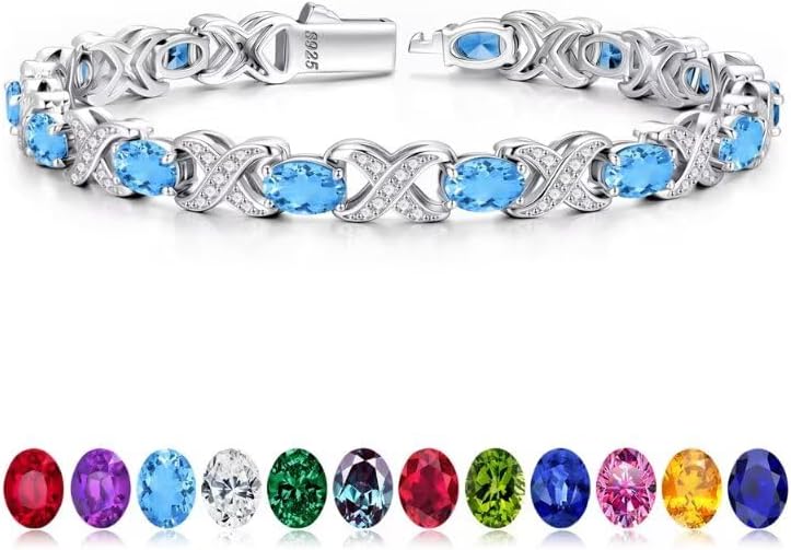 Classic oval birthstone tennis bracelet in 925 sterling silver with X O design, 7-8 inches