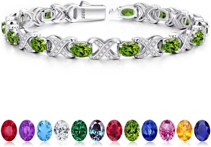 Classic oval birthstone tennis bracelet in 925 sterling silver with X O design, 7-8 inches