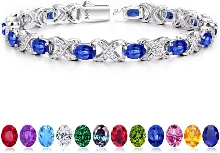 Classic oval birthstone tennis bracelet in 925 sterling silver with X O design, 7-8 inches