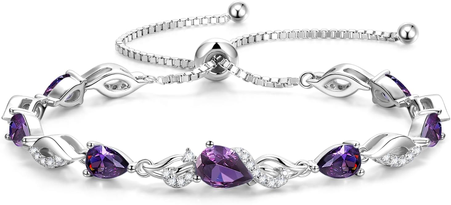 Sterling silver birthstone teardrop tennis bracelet with adjustable bolo chain, classic elegant design