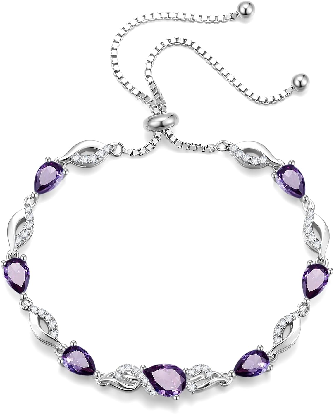 Sterling silver birthstone teardrop tennis bracelet with adjustable bolo chain, classic elegant design