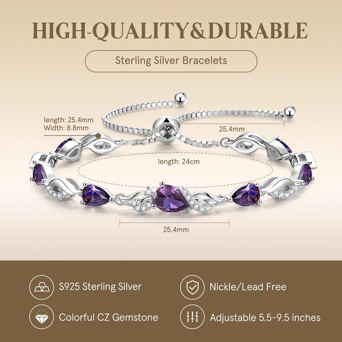 Sterling silver birthstone teardrop tennis bracelet with adjustable bolo chain, classic elegant design