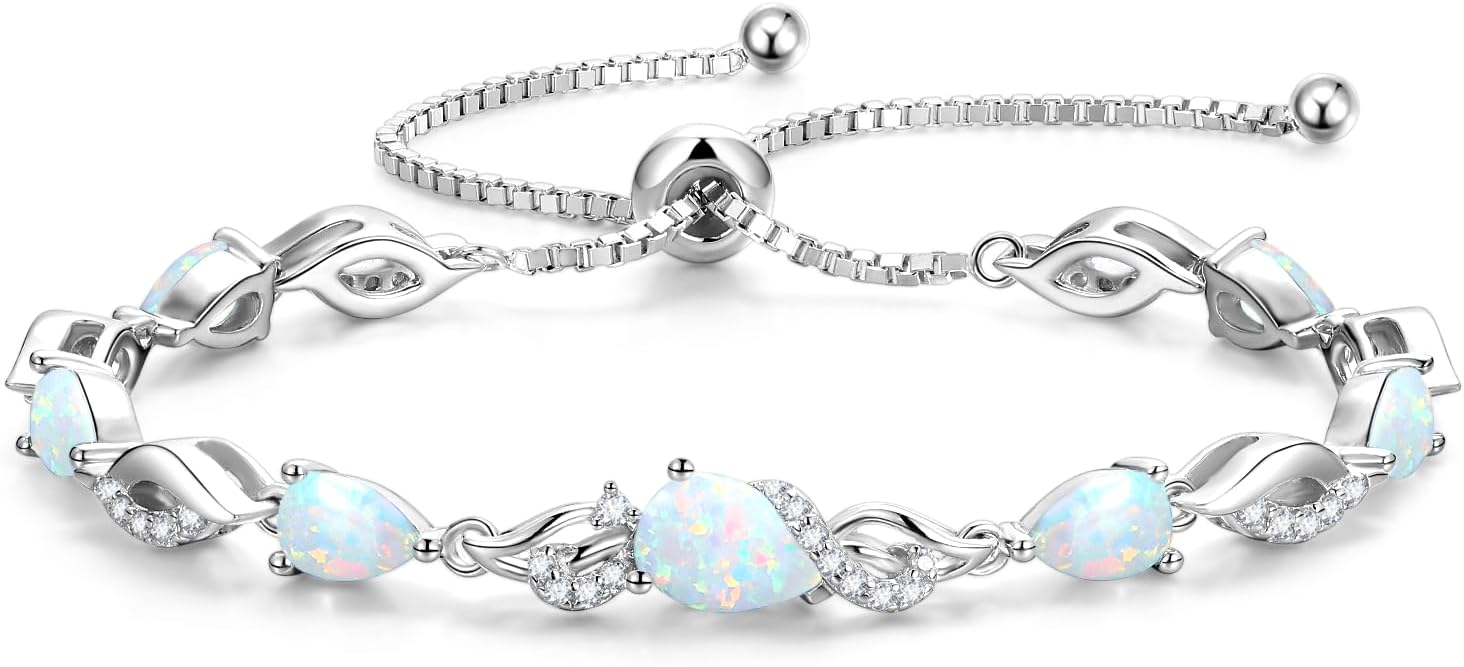 Sterling silver birthstone teardrop tennis bracelet with adjustable bolo chain, classic elegant design