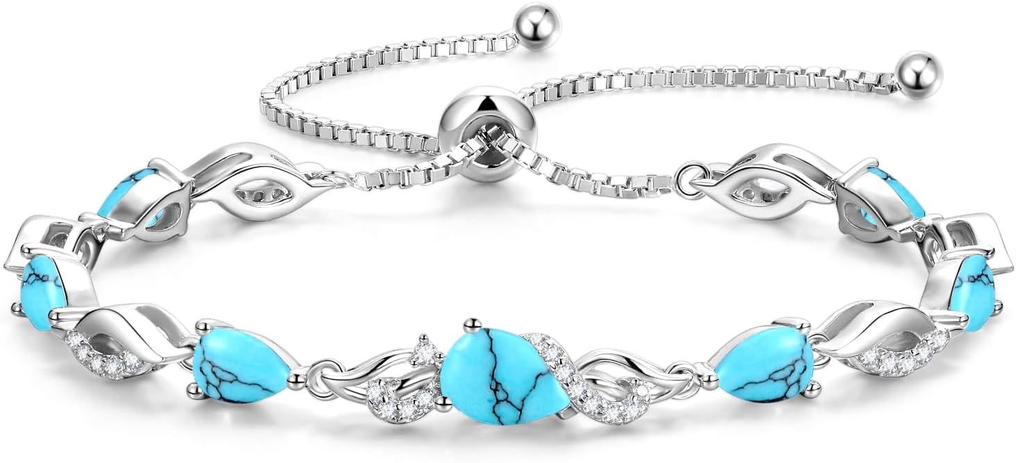 Sterling silver birthstone teardrop tennis bracelet with adjustable bolo chain, classic elegant design