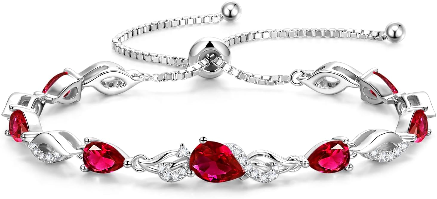 Sterling silver birthstone teardrop tennis bracelet with adjustable bolo chain, classic elegant design