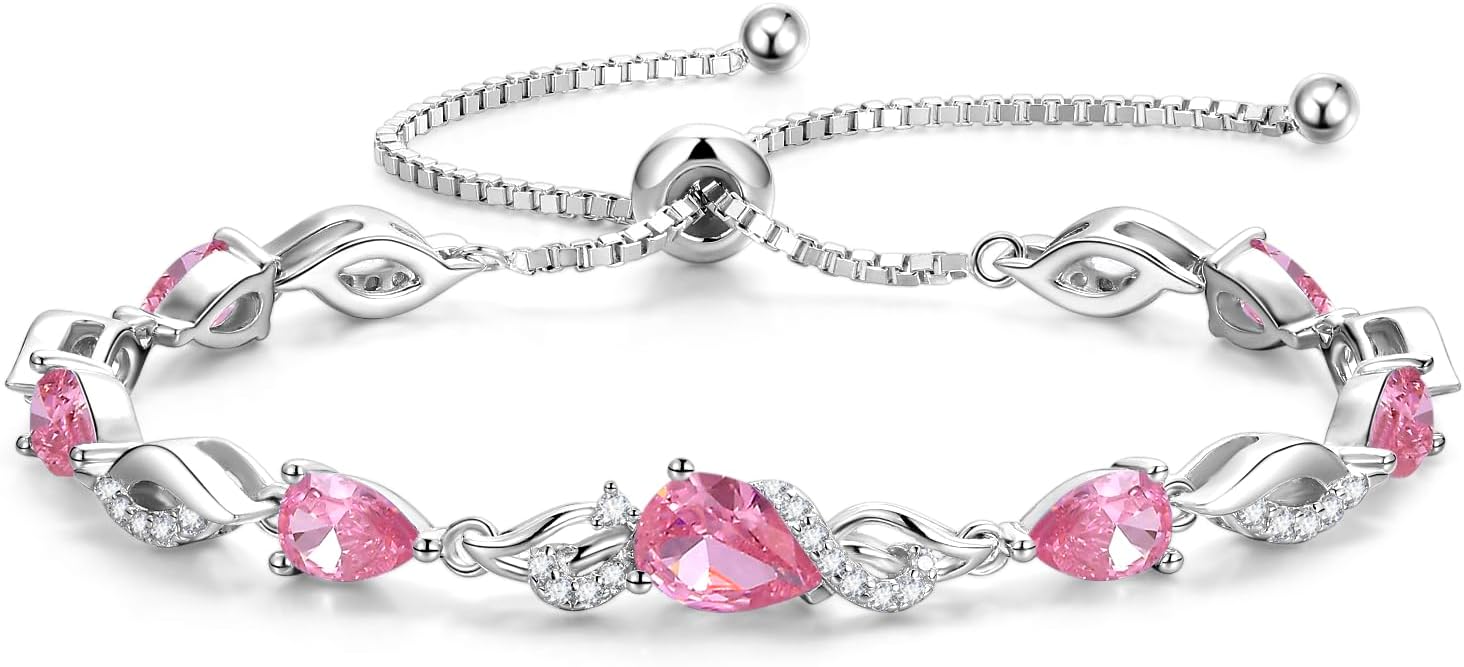 Sterling silver birthstone teardrop tennis bracelet with adjustable bolo chain, classic elegant design
