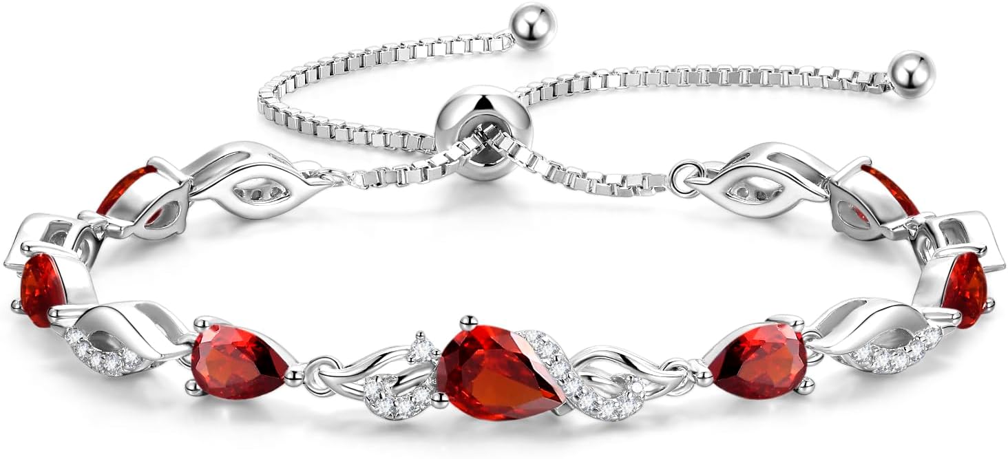 Sterling silver birthstone teardrop tennis bracelet with adjustable bolo chain, classic elegant design