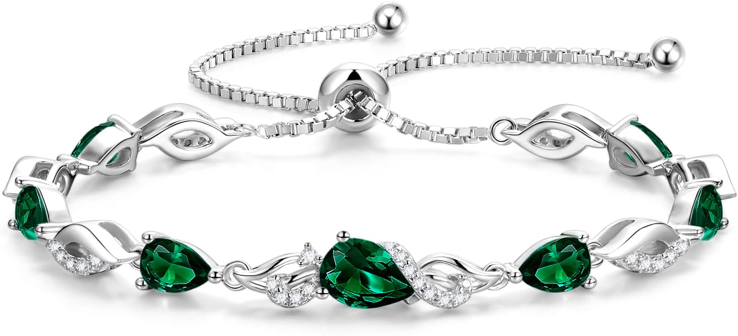 Sterling silver birthstone teardrop tennis bracelet with adjustable bolo chain, classic elegant design