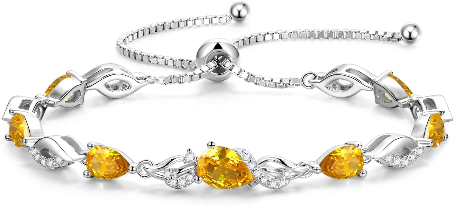Sterling silver birthstone teardrop tennis bracelet with adjustable bolo chain, classic elegant design