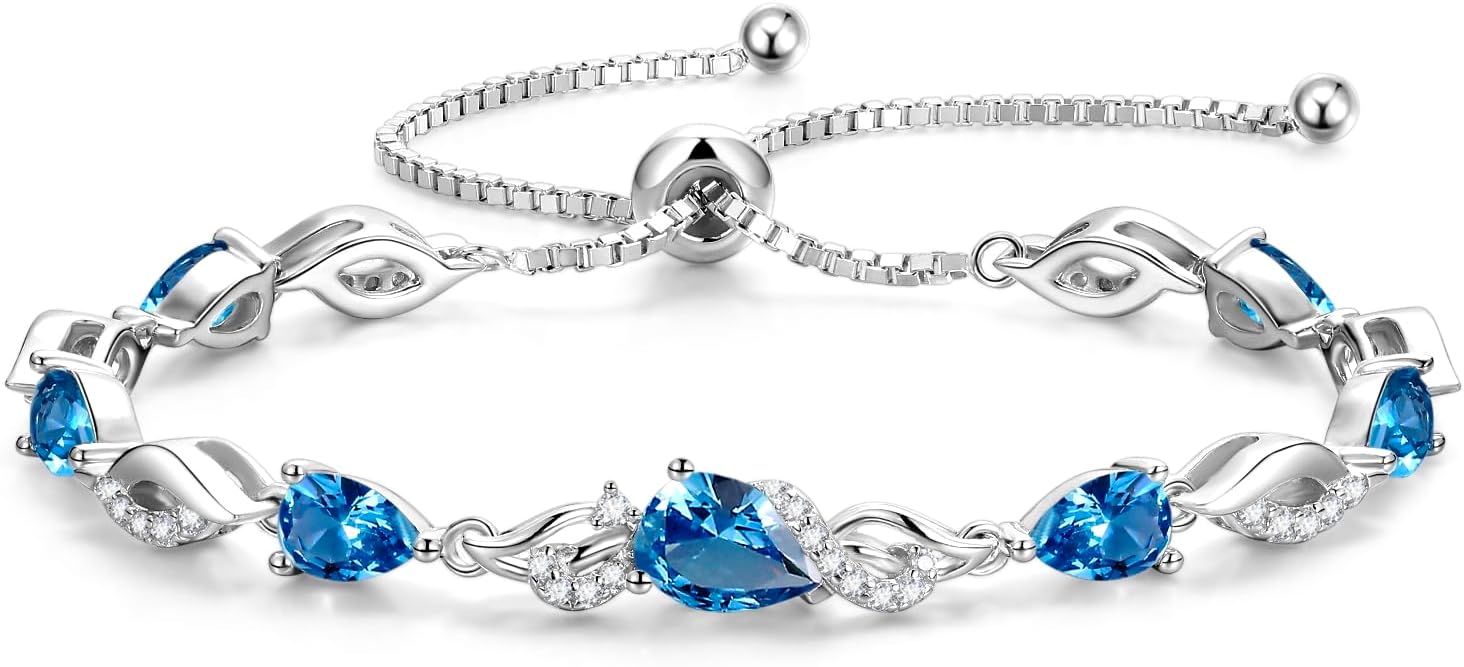Sterling silver birthstone teardrop tennis bracelet with adjustable bolo chain, classic elegant design