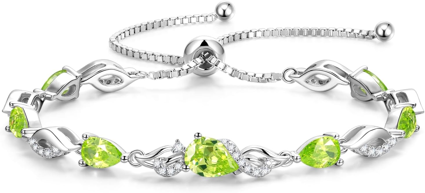 Sterling silver birthstone teardrop tennis bracelet with adjustable bolo chain, classic elegant design