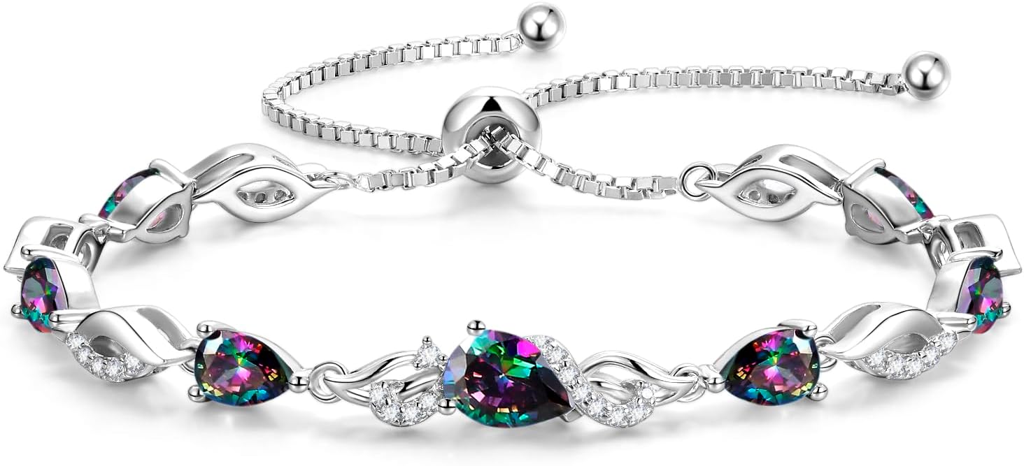Sterling silver birthstone teardrop tennis bracelet with adjustable bolo chain, classic elegant design