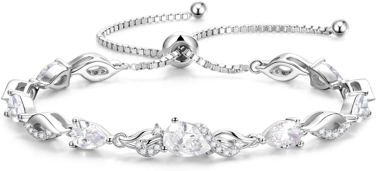 Sterling silver birthstone teardrop tennis bracelet with adjustable bolo chain, classic elegant design