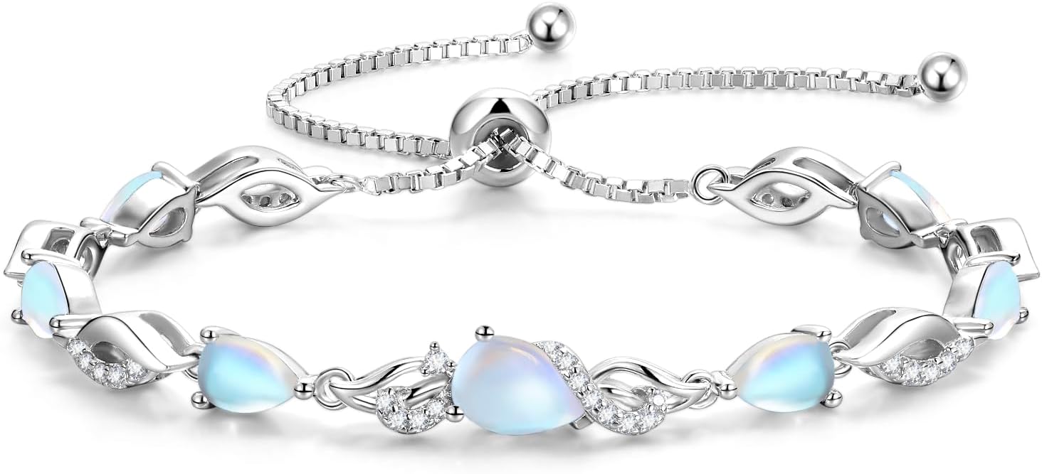 Sterling silver birthstone teardrop tennis bracelet with adjustable bolo chain, classic elegant design