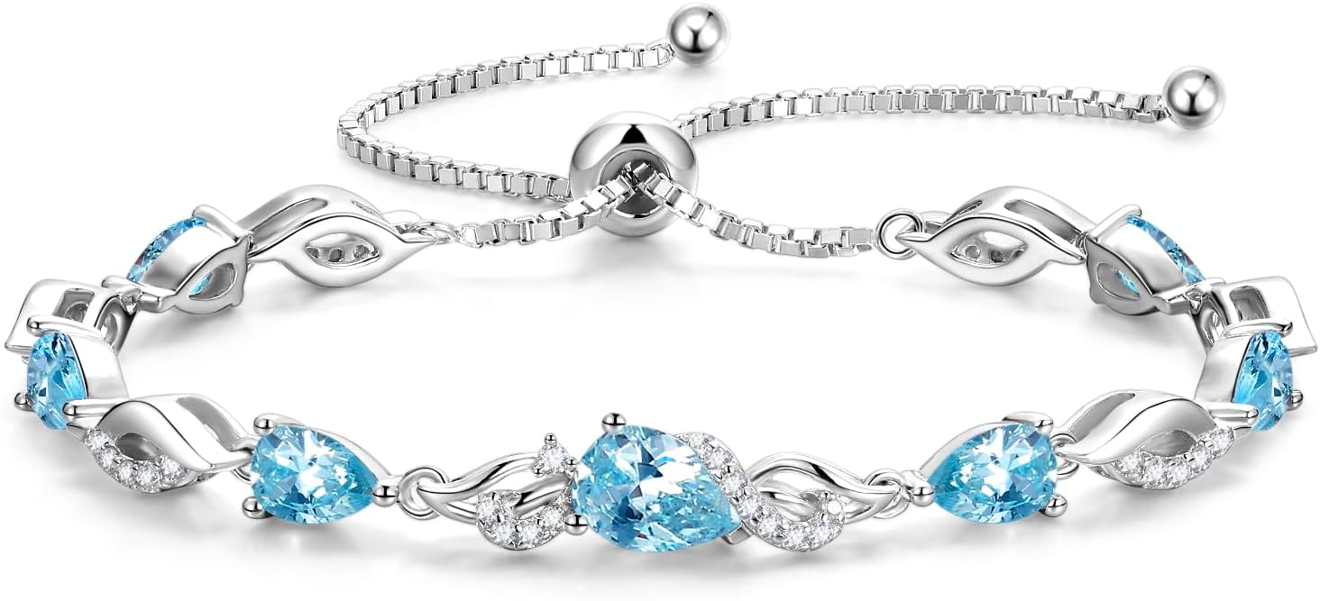Sterling silver birthstone teardrop tennis bracelet with adjustable bolo chain, classic elegant design