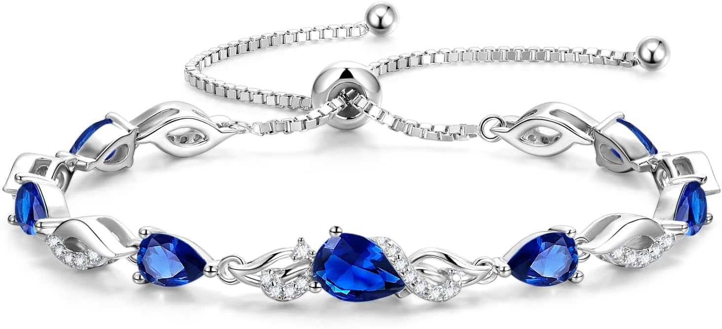 Sterling silver birthstone teardrop tennis bracelet with adjustable bolo chain, classic elegant design
