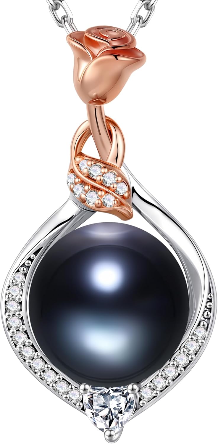 Rose flower freshwater pearl pendant necklace in 925 sterling silver, romantic style gift