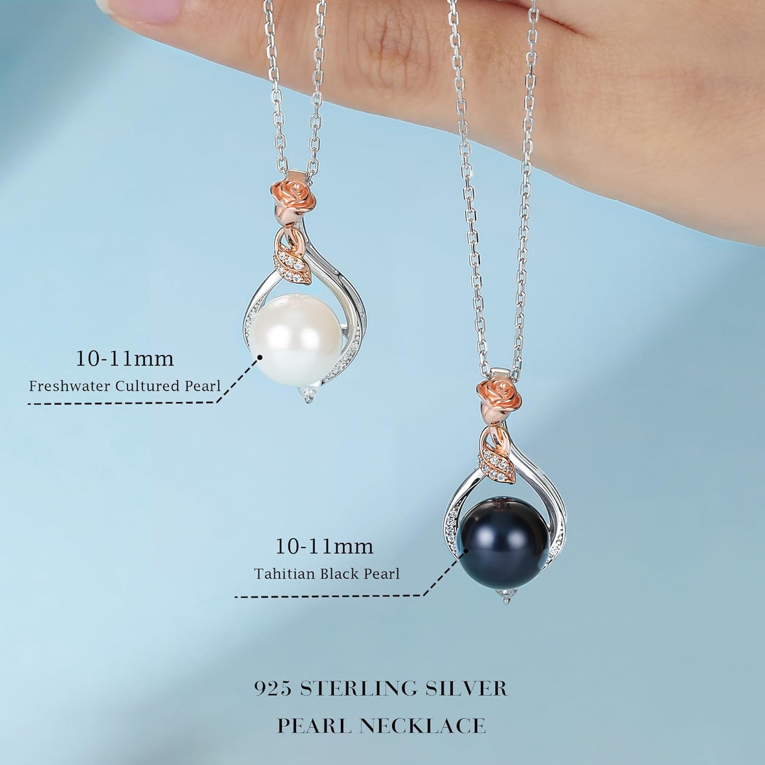 Rose flower freshwater pearl pendant necklace in 925 sterling silver, romantic style gift