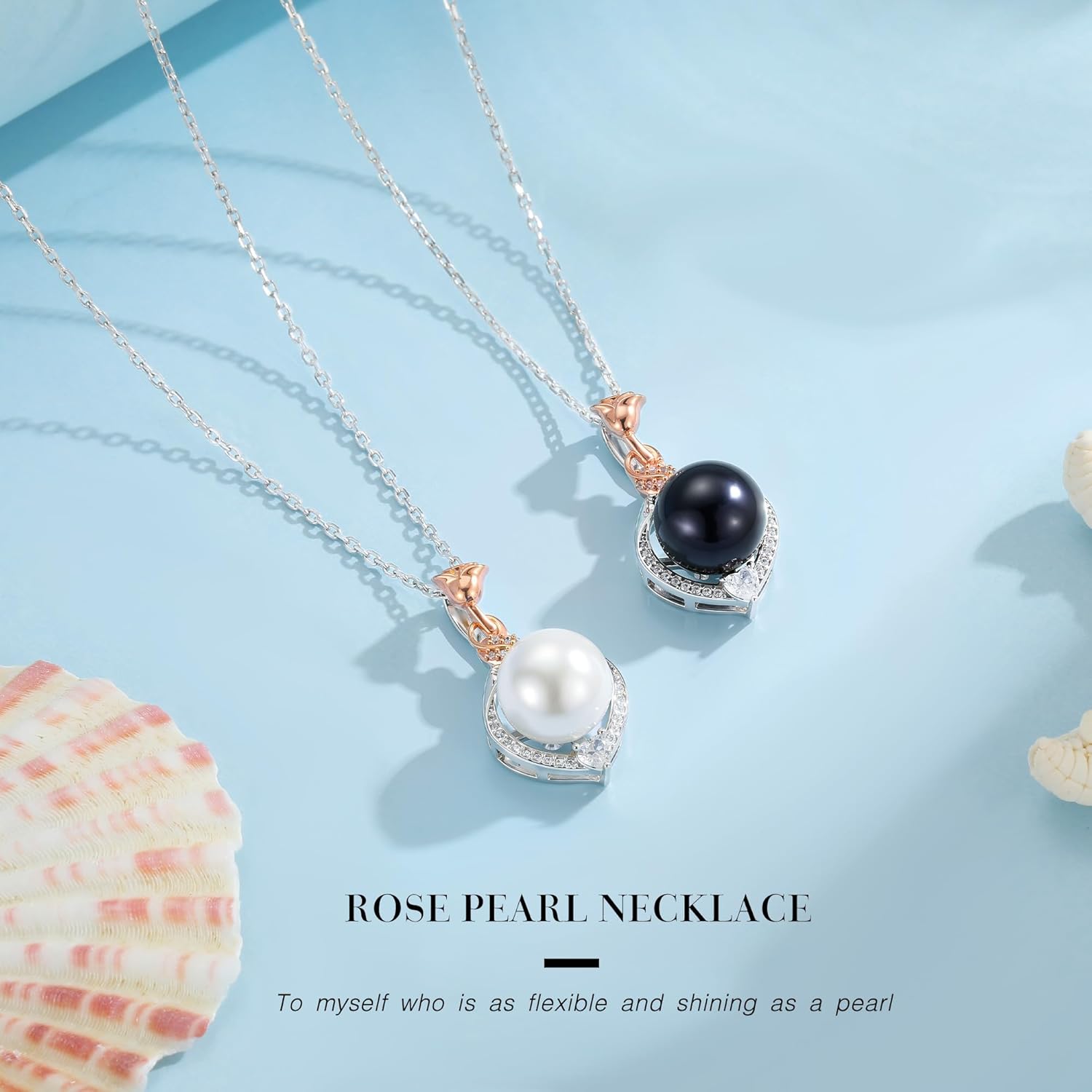 Rose flower freshwater pearl pendant necklace in 925 sterling silver, romantic style gift