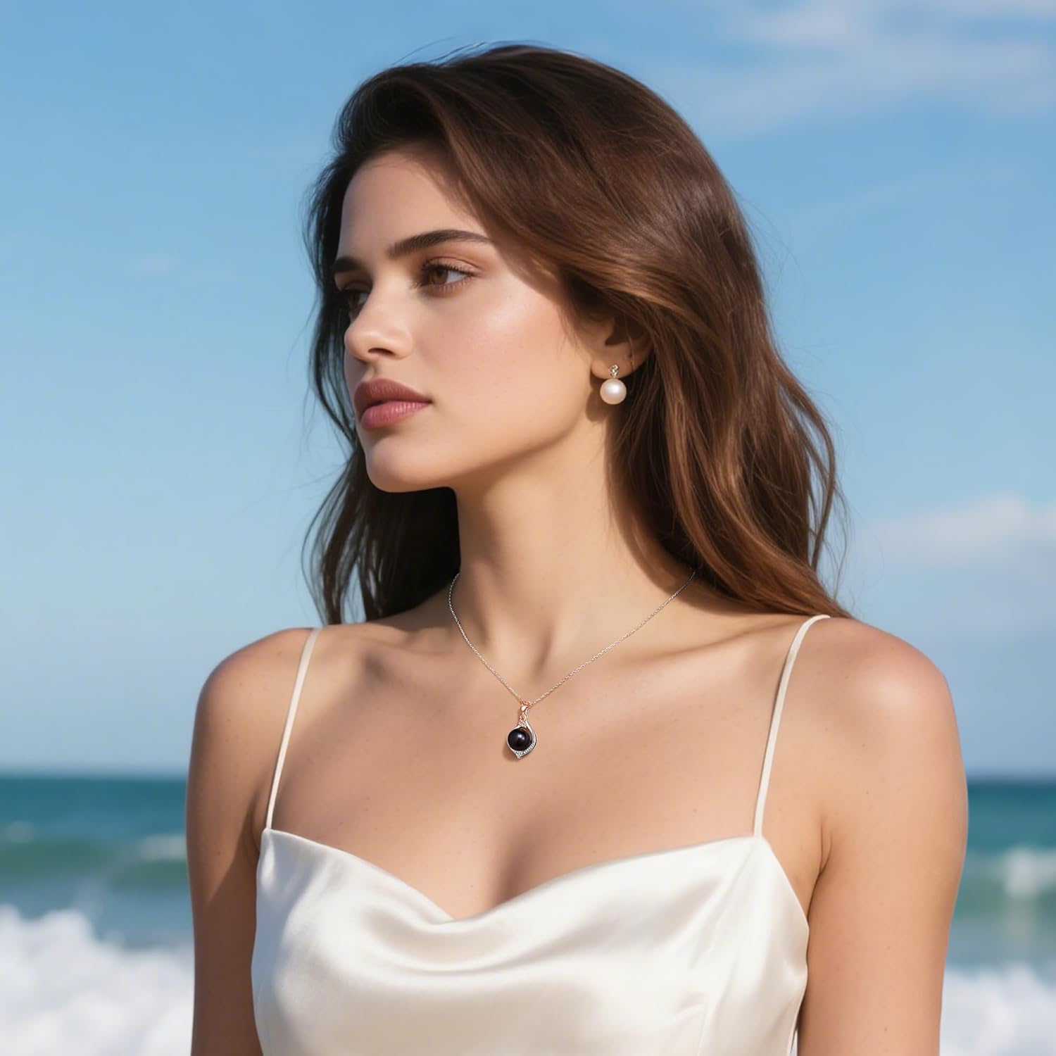 Rose flower freshwater pearl pendant necklace in 925 sterling silver, romantic style gift