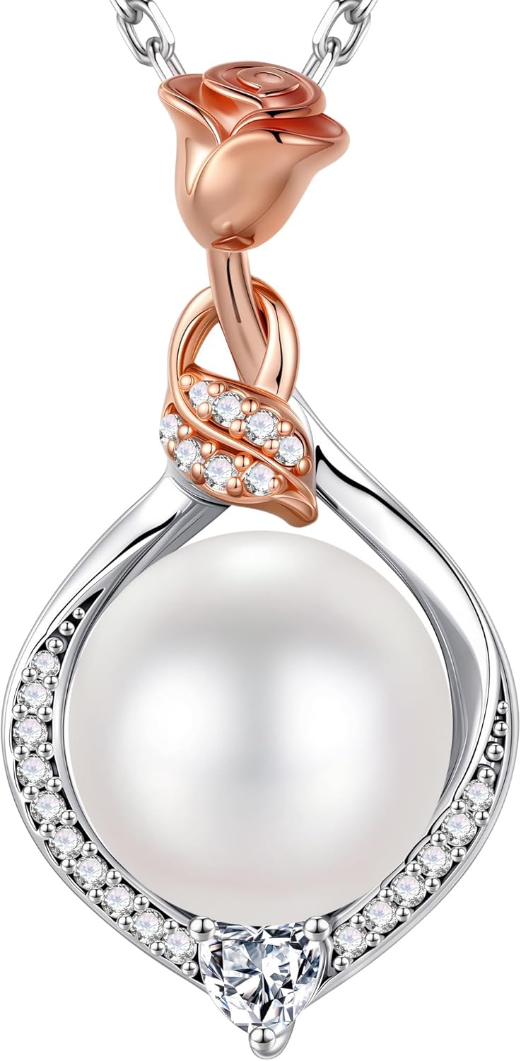 Rose flower freshwater pearl pendant necklace in 925 sterling silver, romantic style gift
