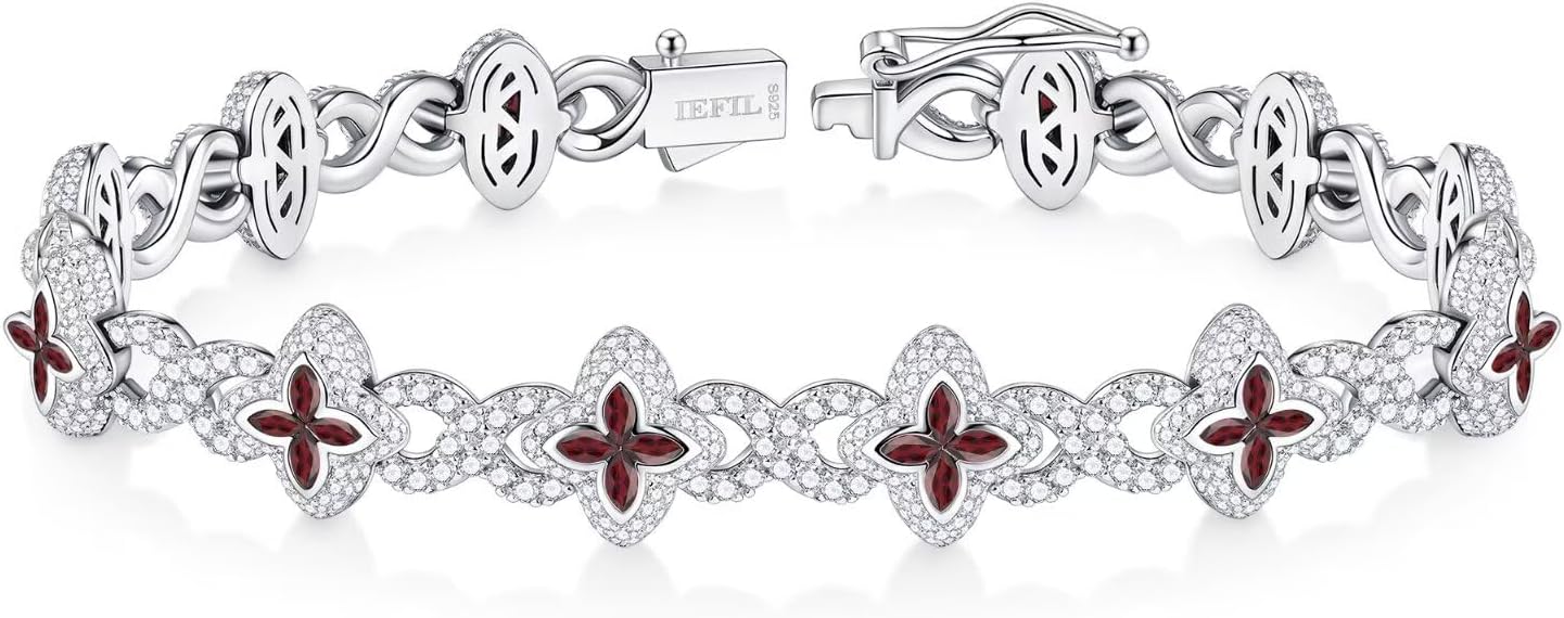 Sterling silver clover tennis bracelet with birthstone charm, classic design, 7-8 inches adjustable length