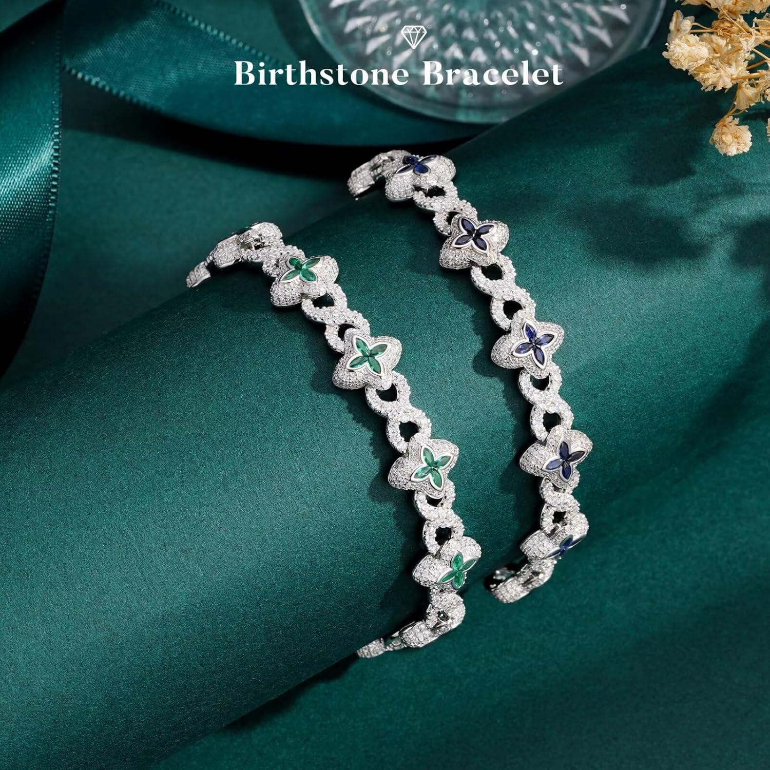 Sterling silver clover tennis bracelet with birthstone charm, classic design, 7-8 inches adjustable length
