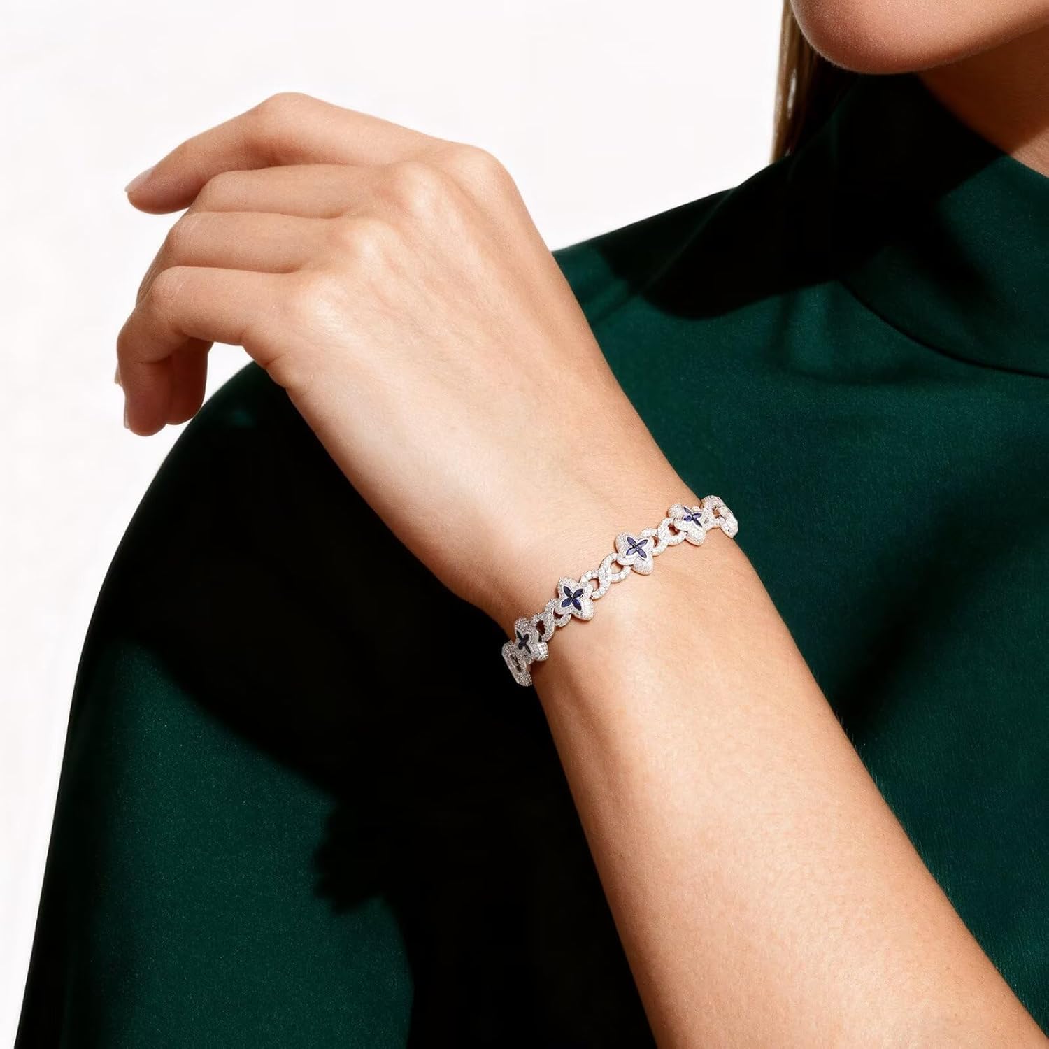 Sterling silver clover tennis bracelet with birthstone charm, classic design, 7-8 inches adjustable length