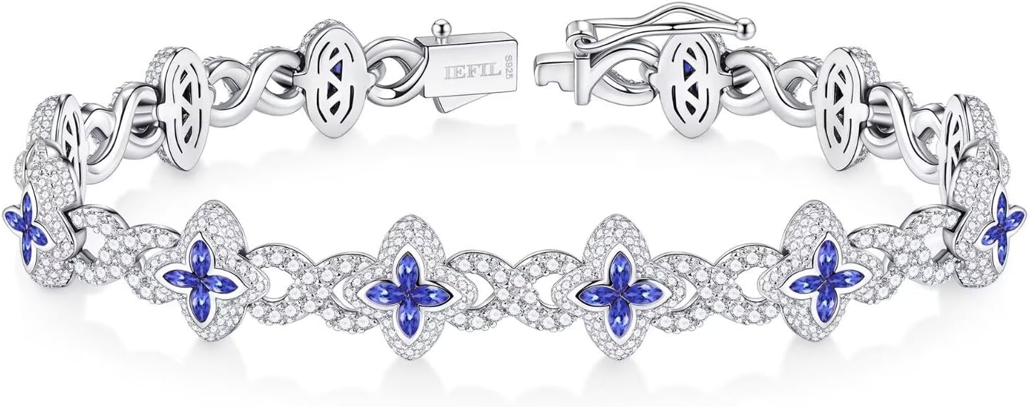 Sterling silver clover tennis bracelet with birthstone charm, classic design, 7-8 inches adjustable length