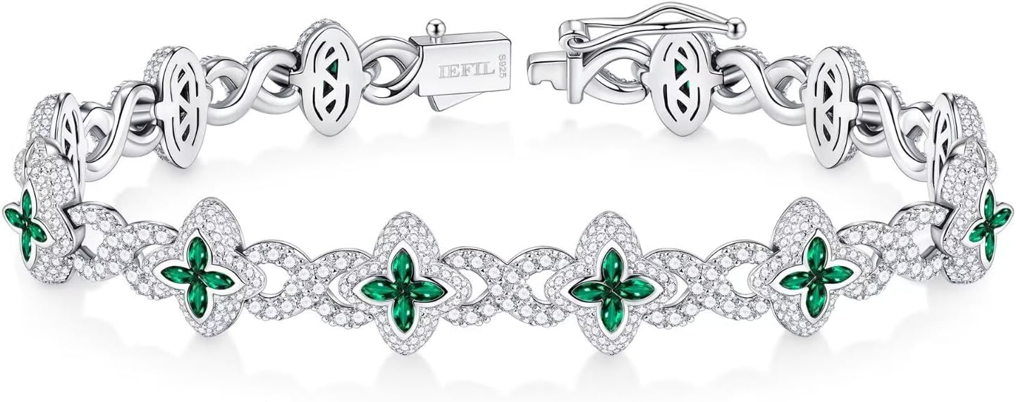 Sterling silver clover tennis bracelet with birthstone charm, classic design, 7-8 inches adjustable length
