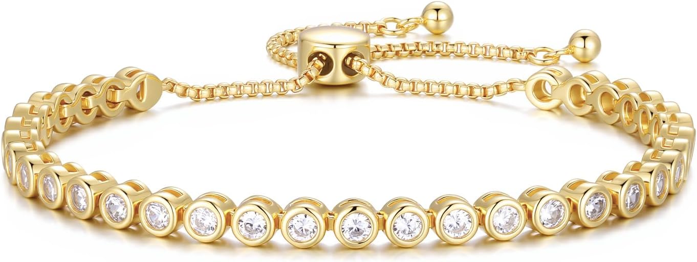 Adjustable sterling silver tennis bracelet with cubic zirconia stones and 14K gold plating, classic fine jewelry style