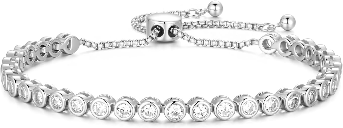 Adjustable sterling silver tennis bracelet with cubic zirconia stones and 14K gold plating, classic fine jewelry style