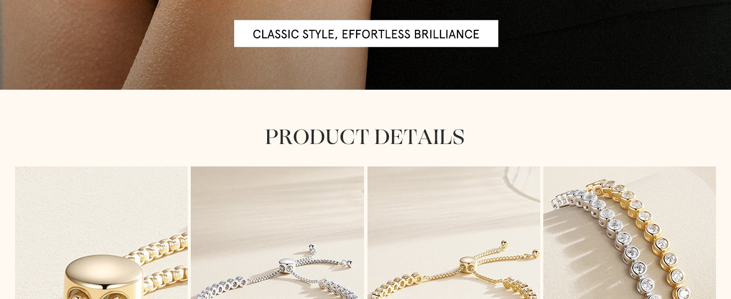 Adjustable sterling silver tennis bracelet with cubic zirconia stones and 14K gold plating, classic fine jewelry style