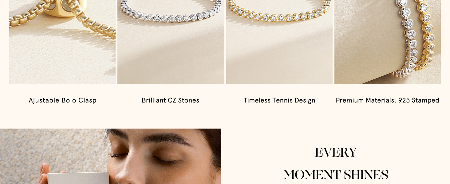 Adjustable sterling silver tennis bracelet with cubic zirconia stones and 14K gold plating, classic fine jewelry style