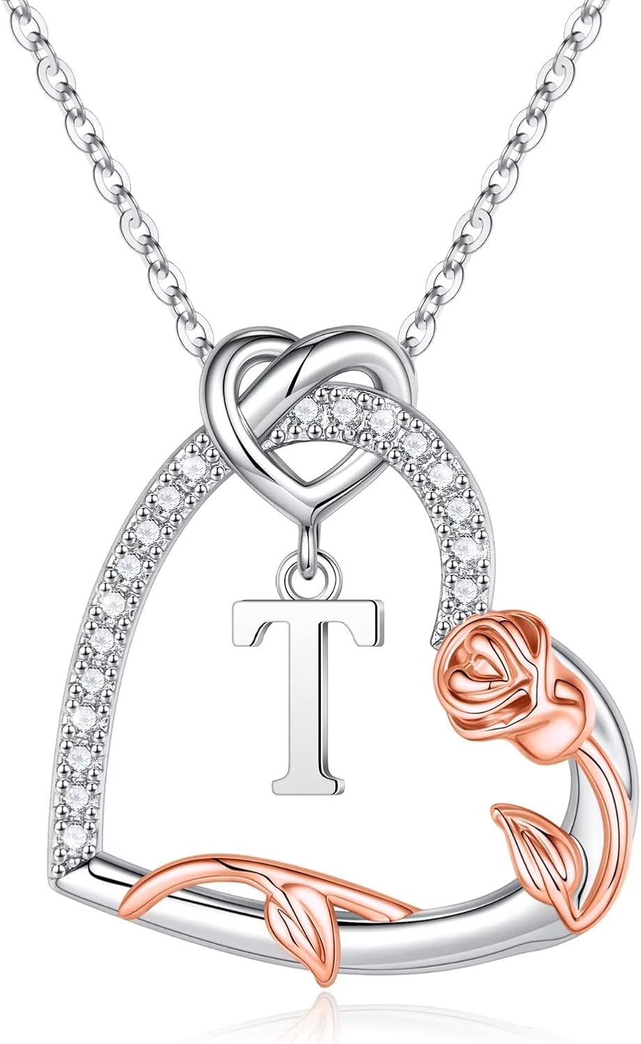 Sterling silver heart initial pendant necklace with romantic engraved charm on 18-inch chain