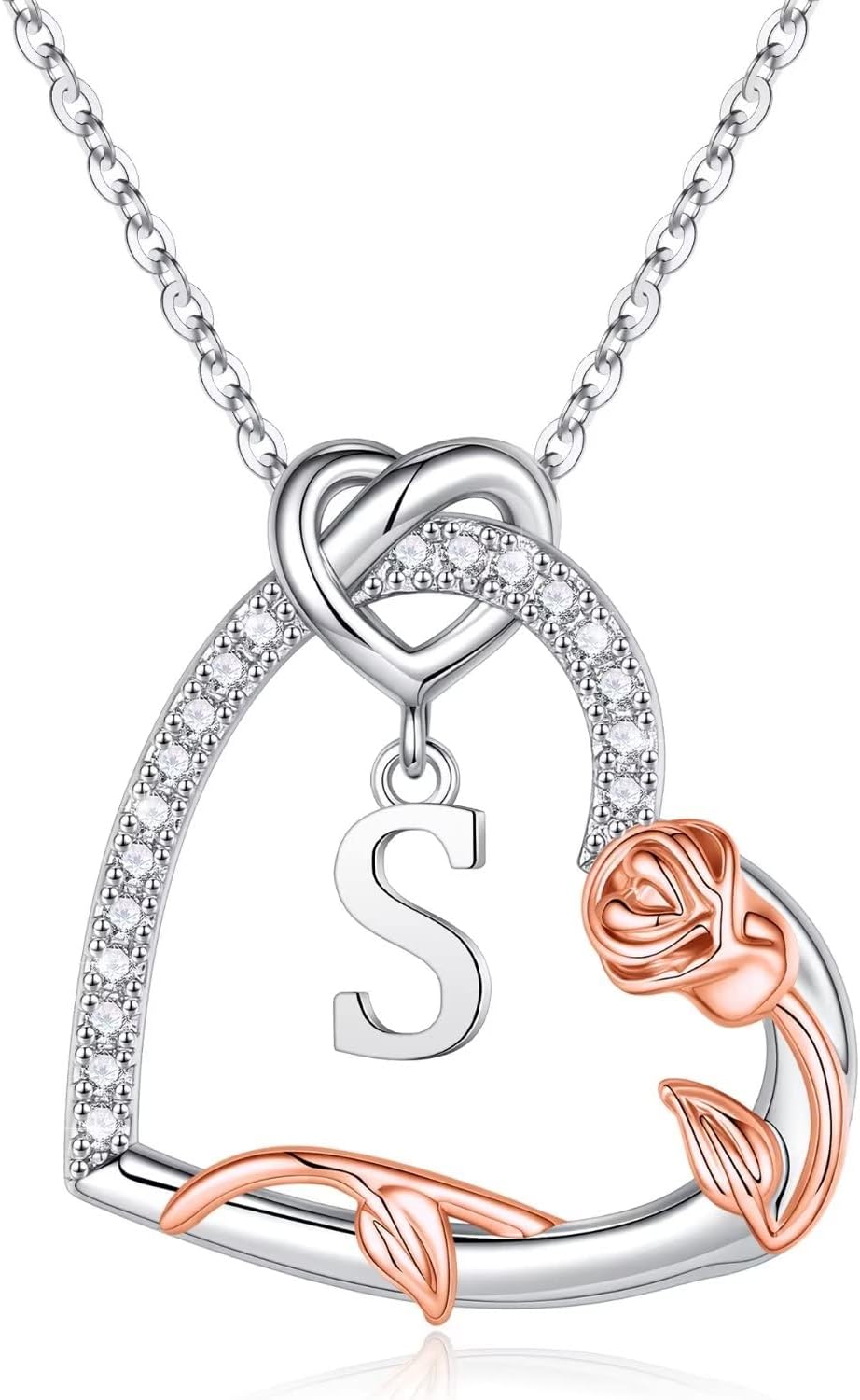 Sterling silver heart initial pendant necklace with romantic engraved charm on 18-inch chain