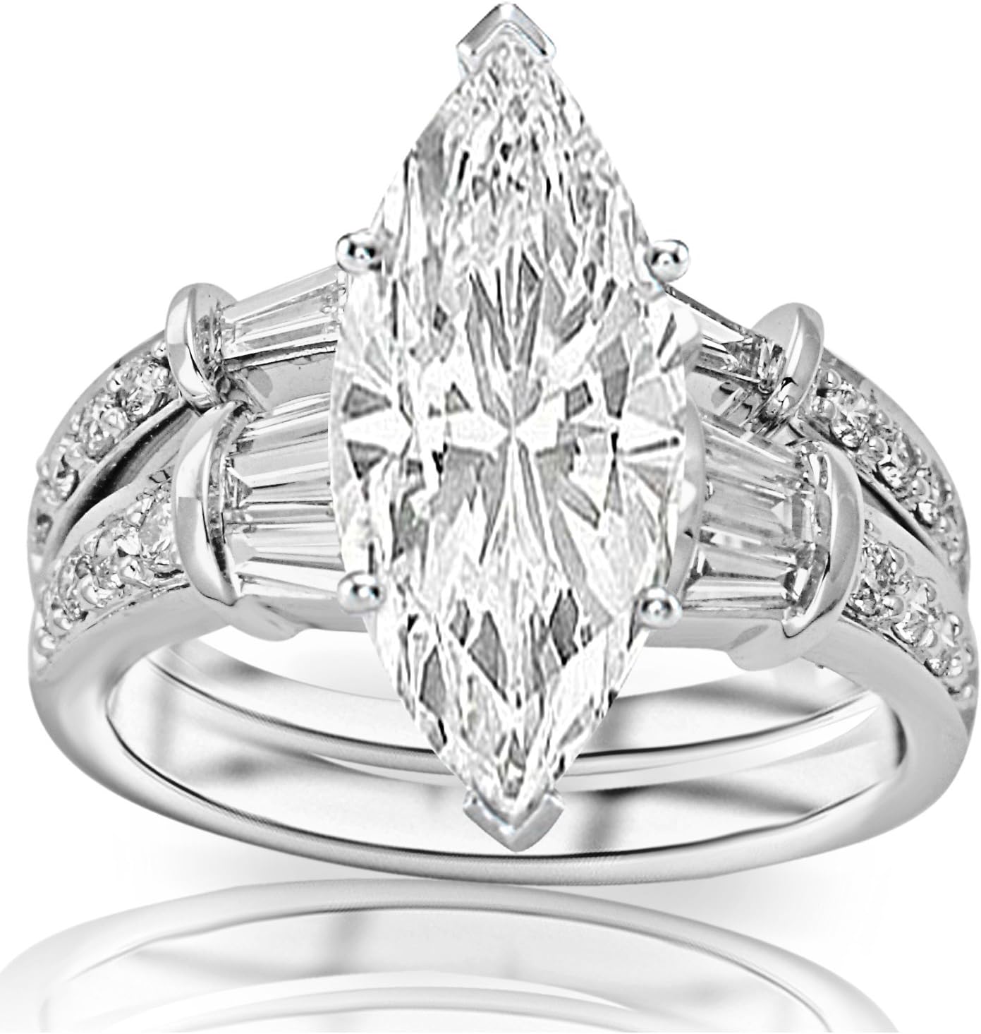 14k gold marquise cut diamond engagement ring with baguette and round brilliant accents, classic bridal set