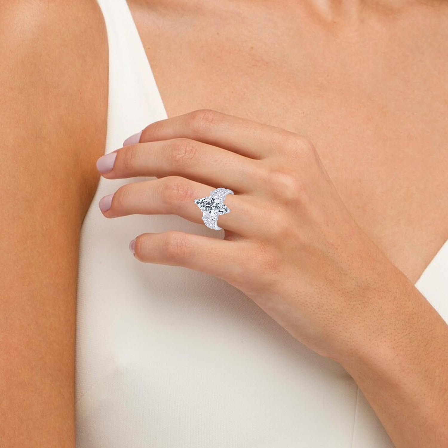 14k gold marquise cut diamond engagement ring with baguette and round brilliant accents, classic bridal set