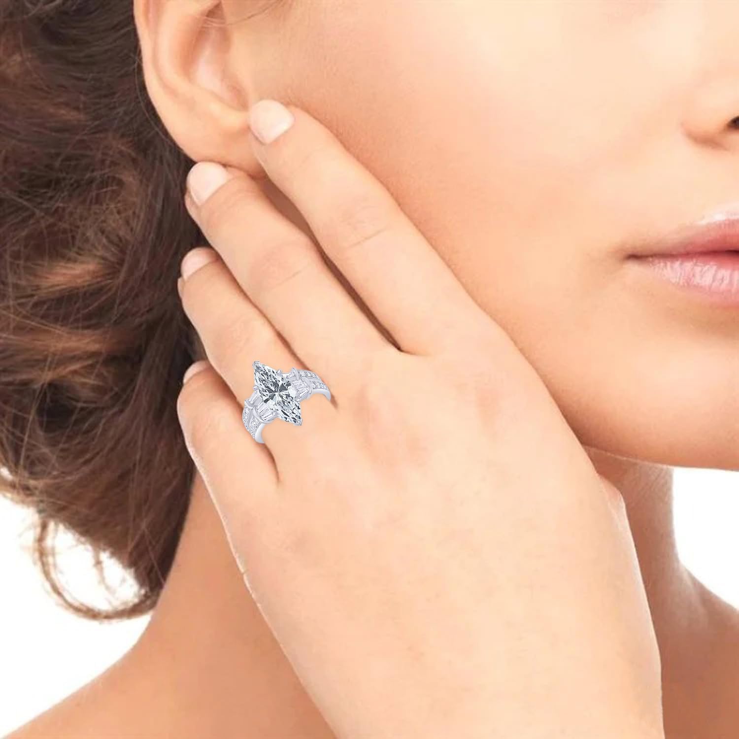 14k gold marquise cut diamond engagement ring with baguette and round brilliant accents, classic bridal set